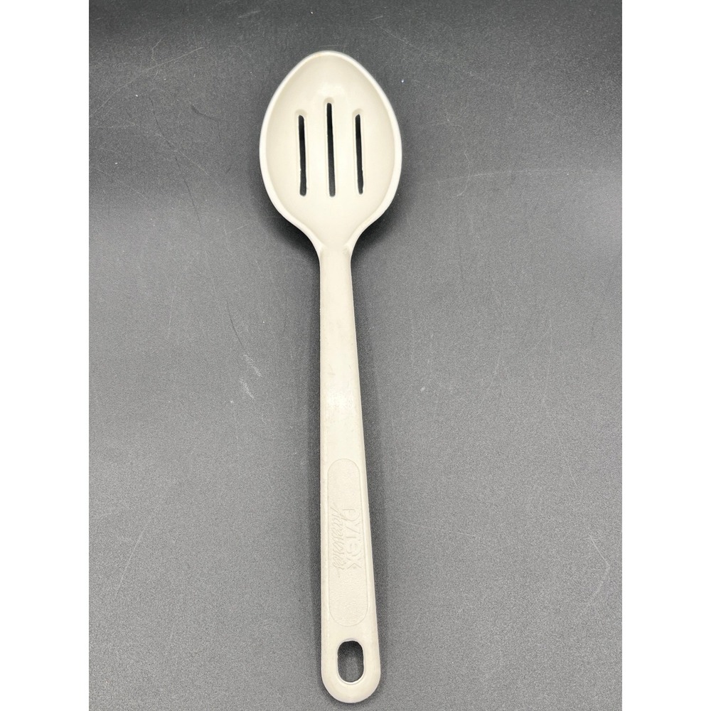 Vtg Pyrex Accessories Heavy Slotted Spoon Almond Cream Plastic Made in USA 11.5"